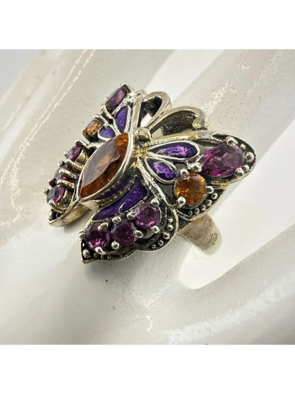 Nicky Butler Ring Butterfly Bug Purple Orange Enamel Sterling Silver size 7